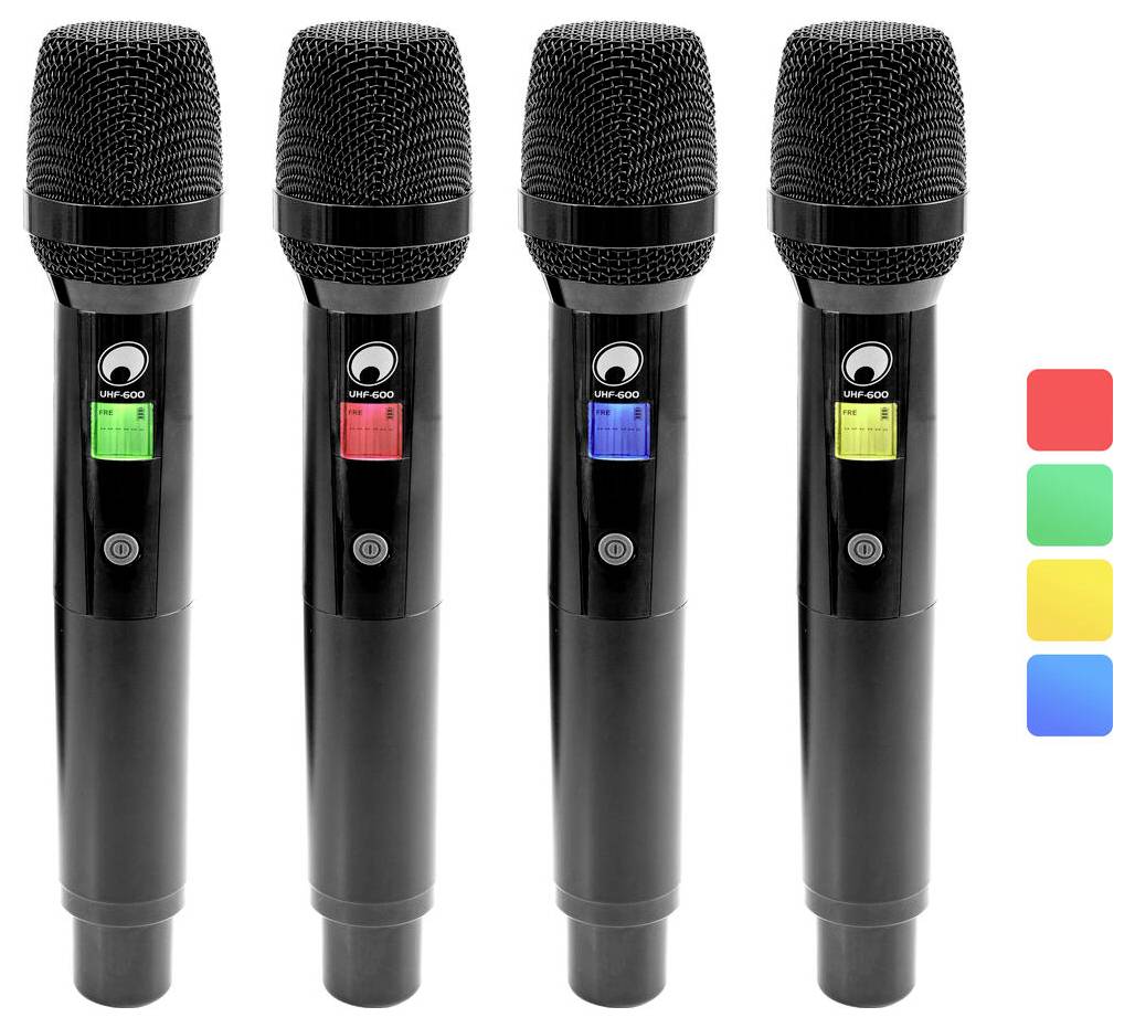 Vier schwarze kabellose Mikrofone, jeweils mit farbigem LED-Display: rot, grün, gelb und blau. Geeignet für verschiedene Audio-Setups.
