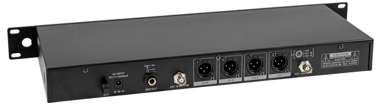 'Rückseite eines Audiogeräts mit Stromeingang, Koaxialport, zwei Antennensteckern, vier XLR-Audioausgängen und einem Serviceport.'