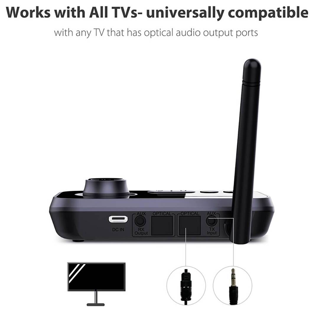 Universal Fernsehaudio-Adapter, kompatibel mit optischen Audioausgängen, dargestellt mit Verbindungsoptionen: optisch und AUX.