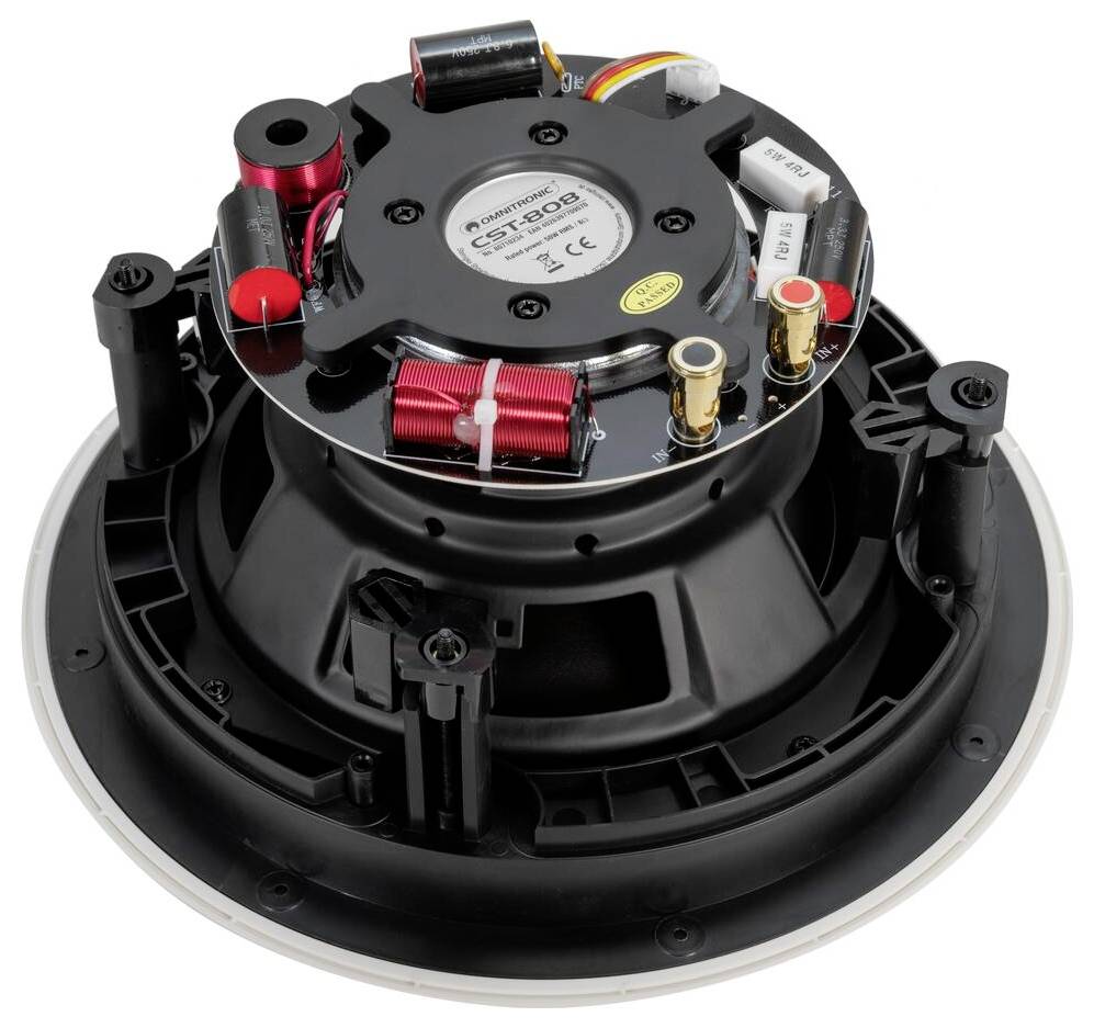 Ein runder schwarz-roter Lautsprecher-Subwoofer mit sichtbaren Komponenten, wobei komplizierte Verdrahtung und Schaltkreise auf der Oberseite zu sehen sind.