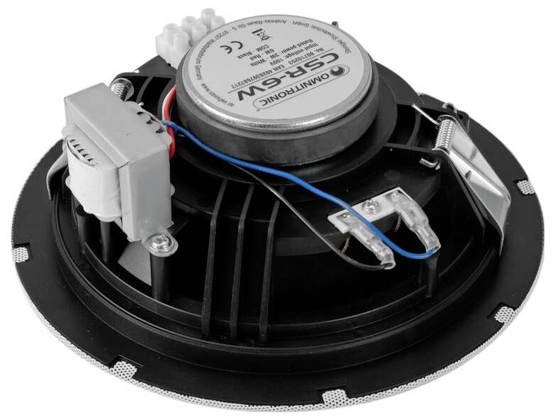 "Omnitronic ODX-215TL Installationslautsprecher" Panel mit Ein-/Ausgangsanschlüssen und Spezifikationen: 300W/150W, IP56, CE-gekennzeichnet.