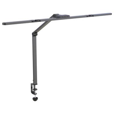 Klemmbar montierte LED-Schreibtischlampe mit einer langen horizontalen Lichtleiste und verstellbarem Arm, isoliert auf weißem Hintergrund dargestellt.