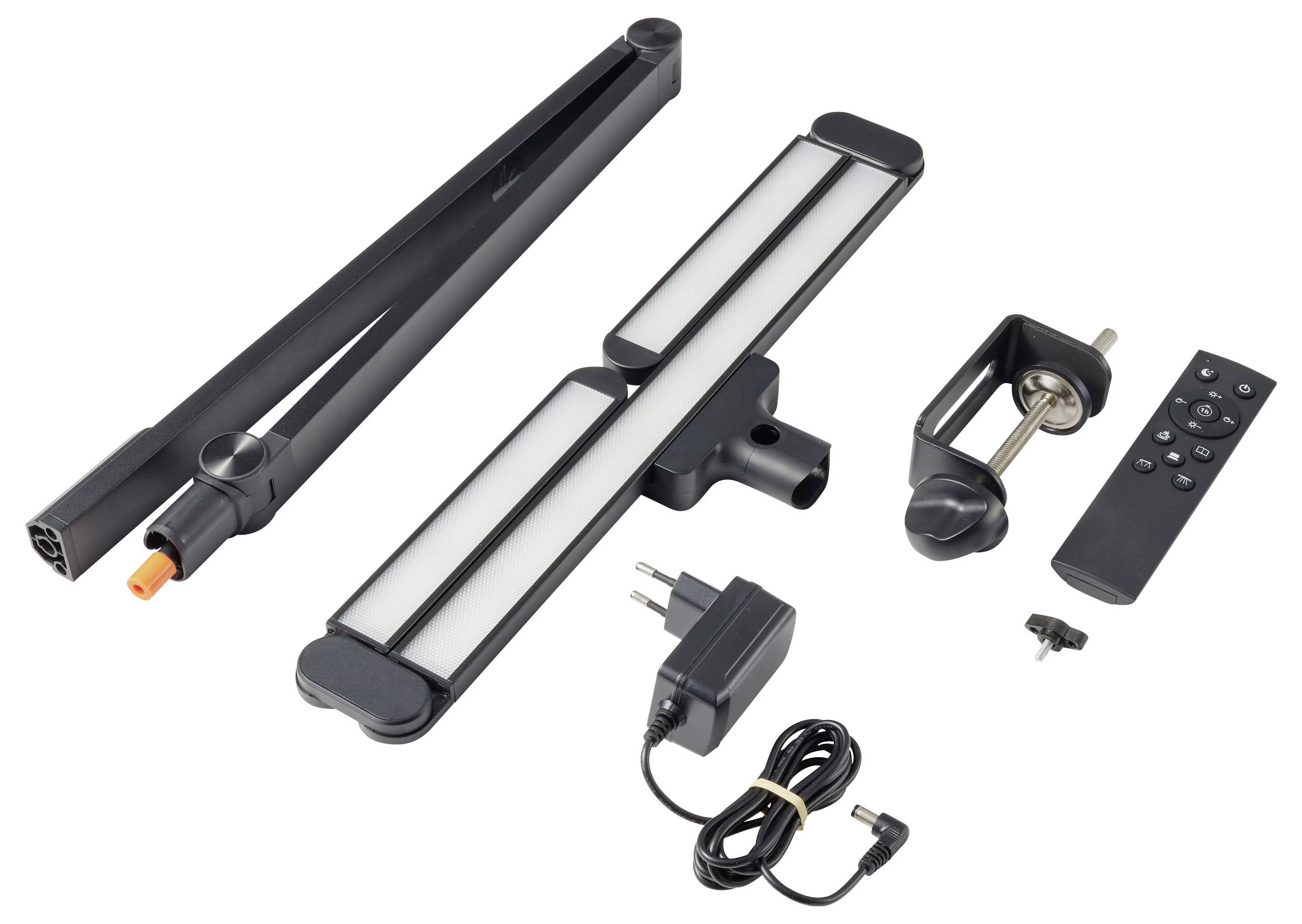 LED-Aquariumlicht-Set mit zwei langen Lichtleisten, verstellbarer Halterung, Netzteil, Fernbedienung und Zubehör auf weißem Hintergrund