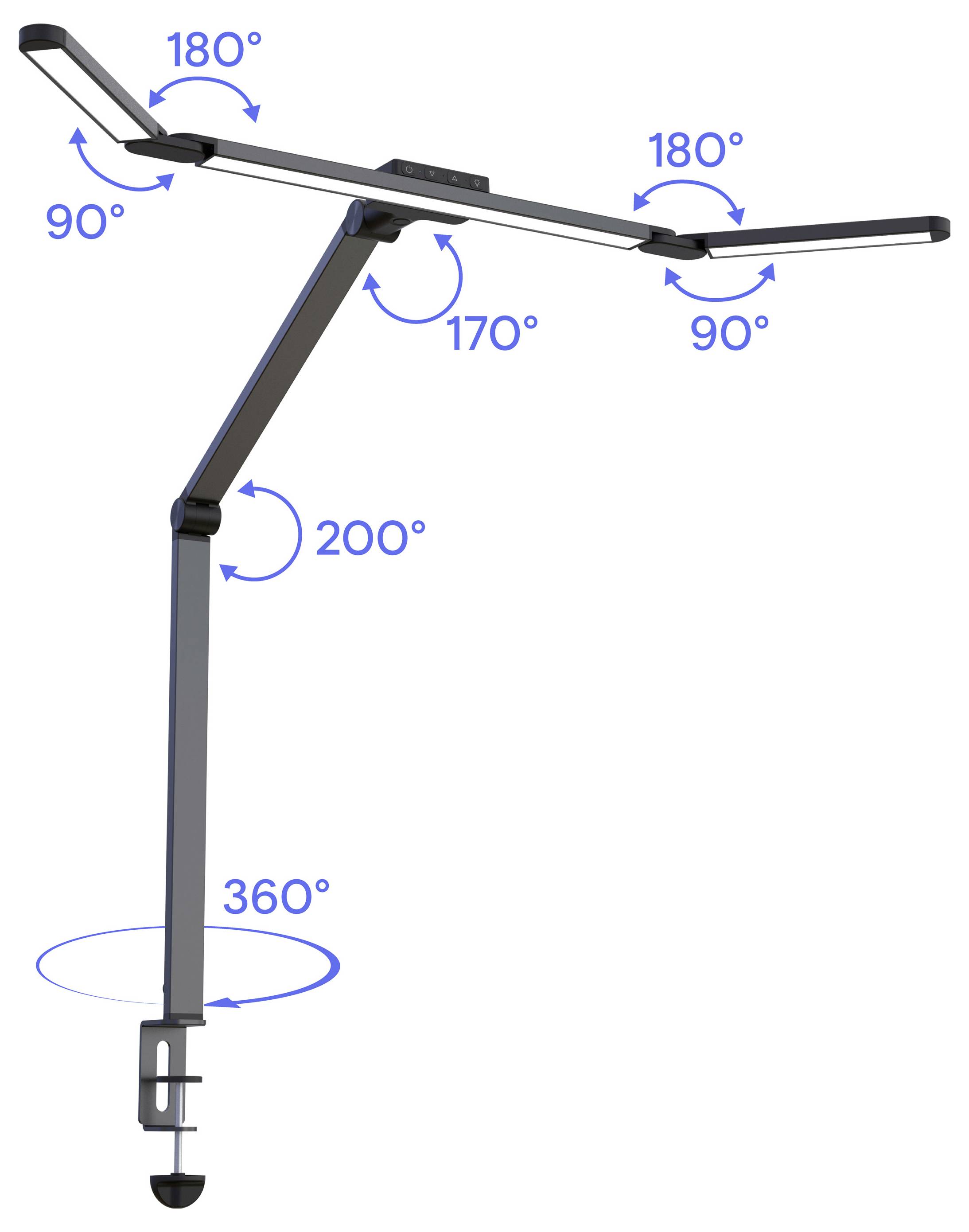 Verstellbarer Monitorarm mit mehreren Gelenken, gekennzeichnet mit 180°, 90°, 170°, 200° und 360°, die den Bewegungsbereich zeigen.