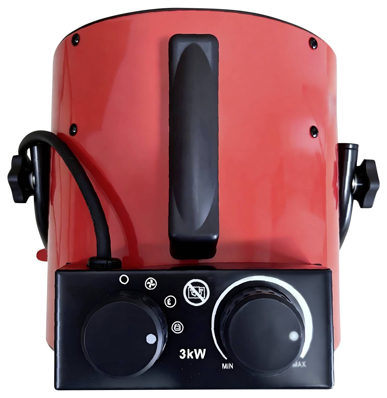 Roter tragbarer elektrischer Heizer mit zwei Bedienungsknöpfen, Stromanzeigesymbolen und der Kennzeichnung „3kW" auf der Frontplatte.