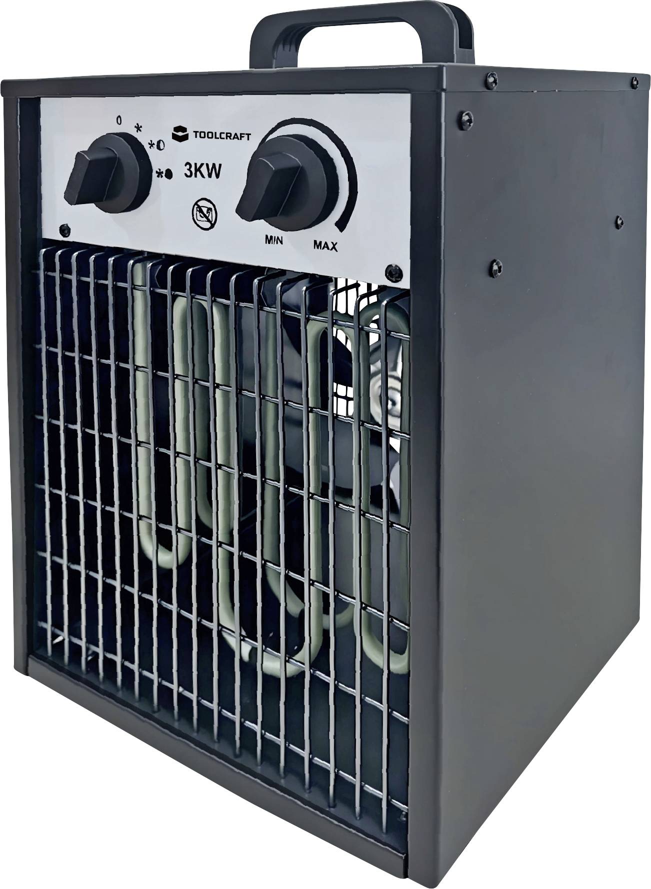 Tragbarer schwarzer 3-kW-Elektroraumheizer mit Griff, vorderer Schutzgrill und zwei Bedienknöpfen für Wärme- und Lüftereinstellungen.