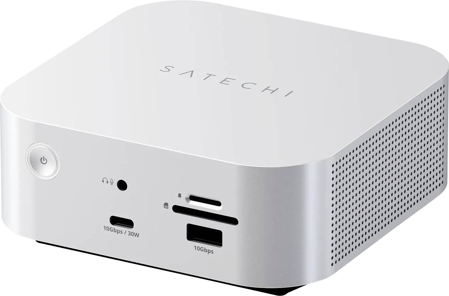 Silberner Satechi Mini-Desktop-Computer mit Stromschalter, vorderen Anschlüssen und Belüftungsseitenpaneel auf weißem Hintergrund