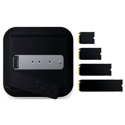 Abbildung einer schwarzen Geräterückseite mit einem silbernen Batteriefach und vier unterschiedlich großen Batterieoptionen, die auf der rechten Seite dargestellt sind.