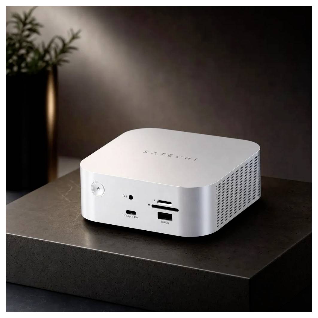 Kompakter silberner SATECHI-Desktopcomputer oder Mini-PC auf einem dunklen Sockel, von vorne gezeigt mit mehreren Anschlüssen und einem Netzschalter.