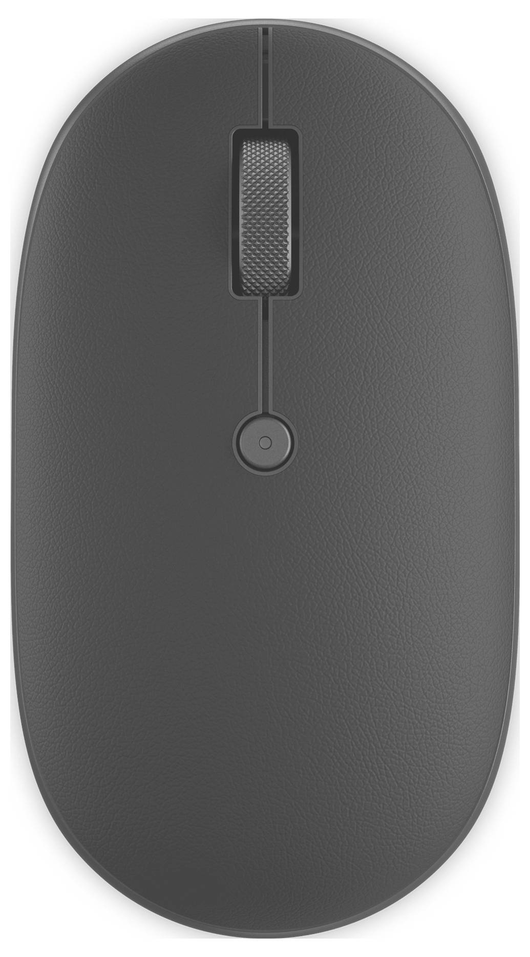 Eine schlanke, graue kabellose Computermaus mit einem zentralen Scrollrad und einer Taste auf ihrer glatten Oberfläche, entworfen für moderne Computernutzung.