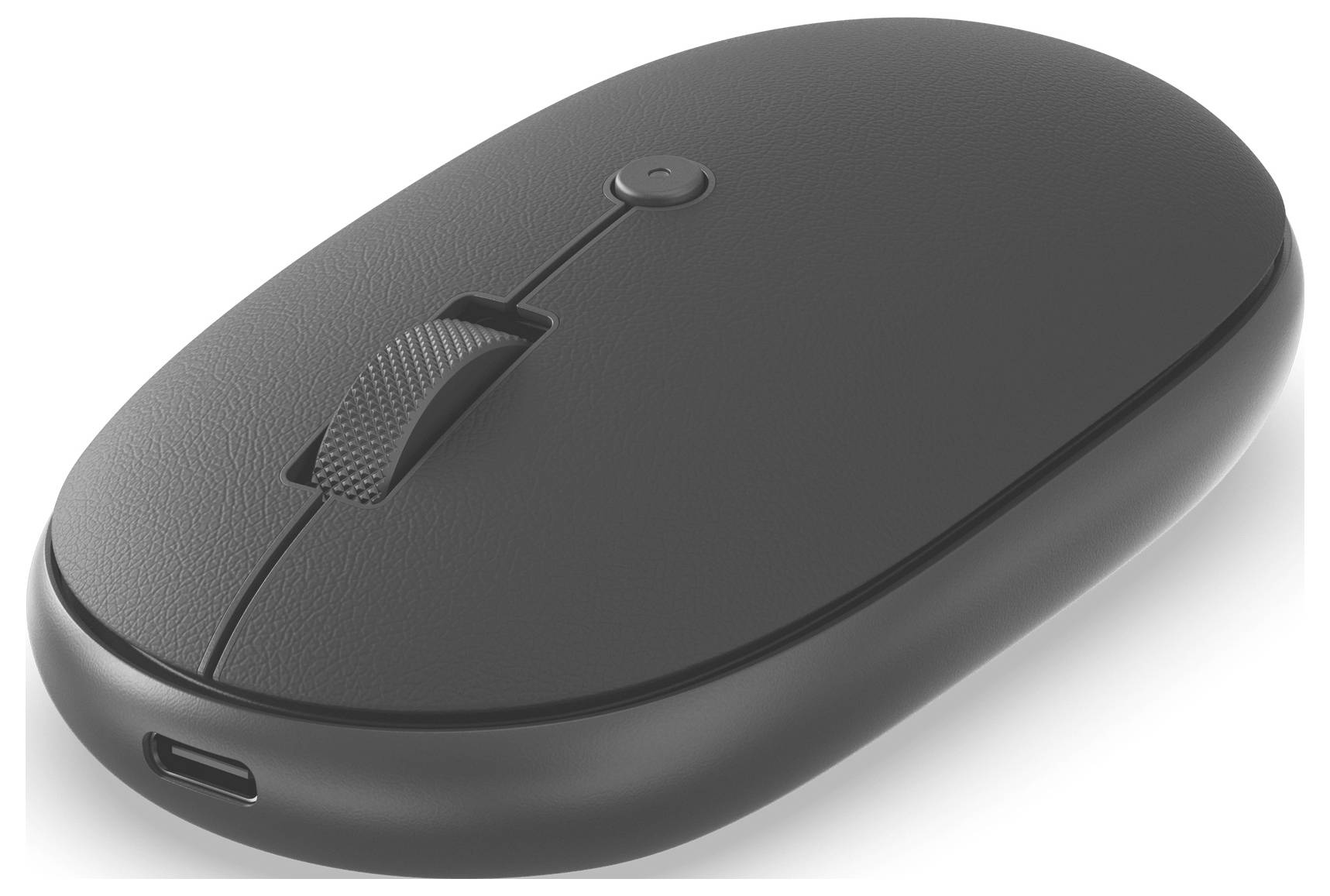 Eine elegante, schwarze kabellose Computermaus mit einem Scroll-Rad und einem USB-C-Ladeanschluss, dargestellt aus einer geneigten Draufsicht.
