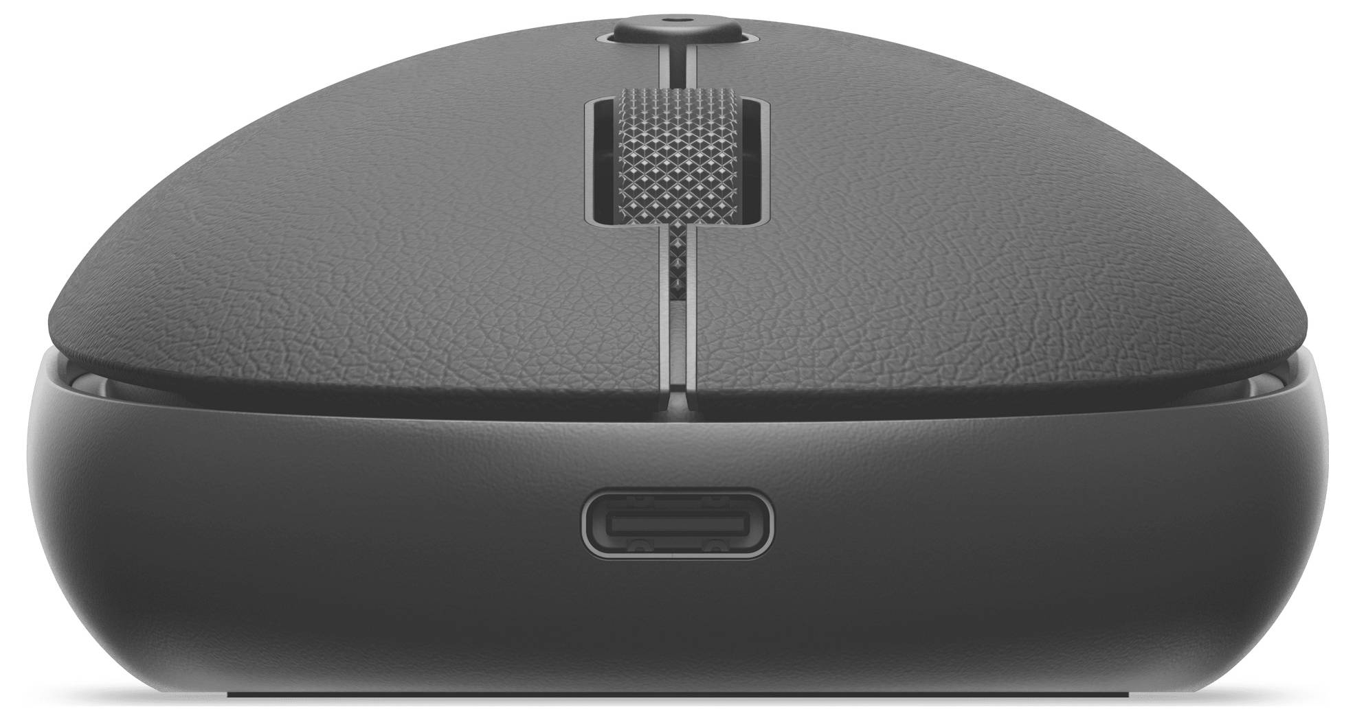 Eine schwarze kabellose Computermaus mit strukturiertem Scrollrad und USB-C-Ladeanschluss.