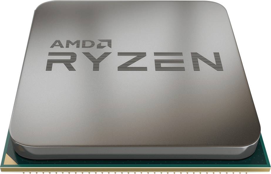 Ein metallischer AMD Ryzen-Prozessor-Chip mit graviertem Text, der sein Design und seine Struktur zeigt.
