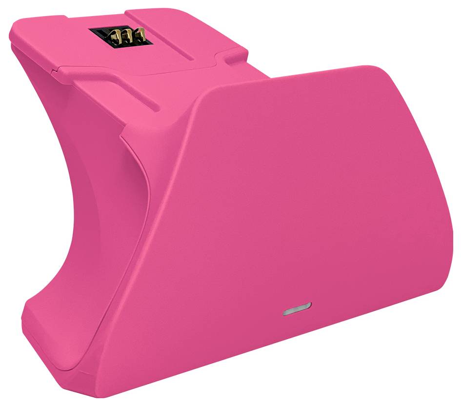 Eine rosa Ladestation für einen Xbox-Controller mit einem Steckplatz für das Akkupack und einer kleinen LED-Anzeige an der Vorderseite.