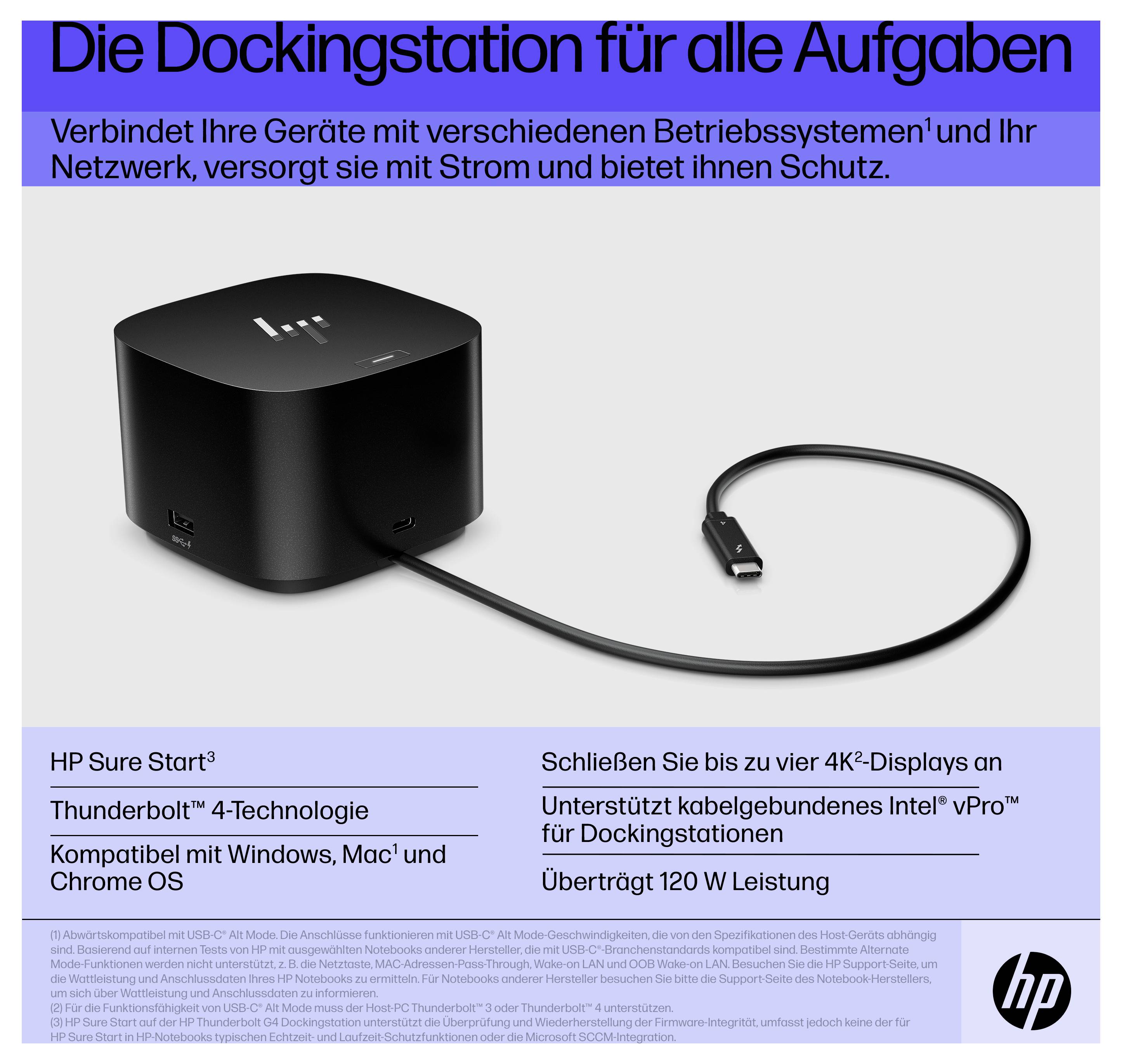 Eine schwarze HP-Dockingstation mit Thunderbolt-4-Technologie unterstützt 4K-Displays, mehrere Betriebssysteme und bietet Stromversorgung und Schutz.