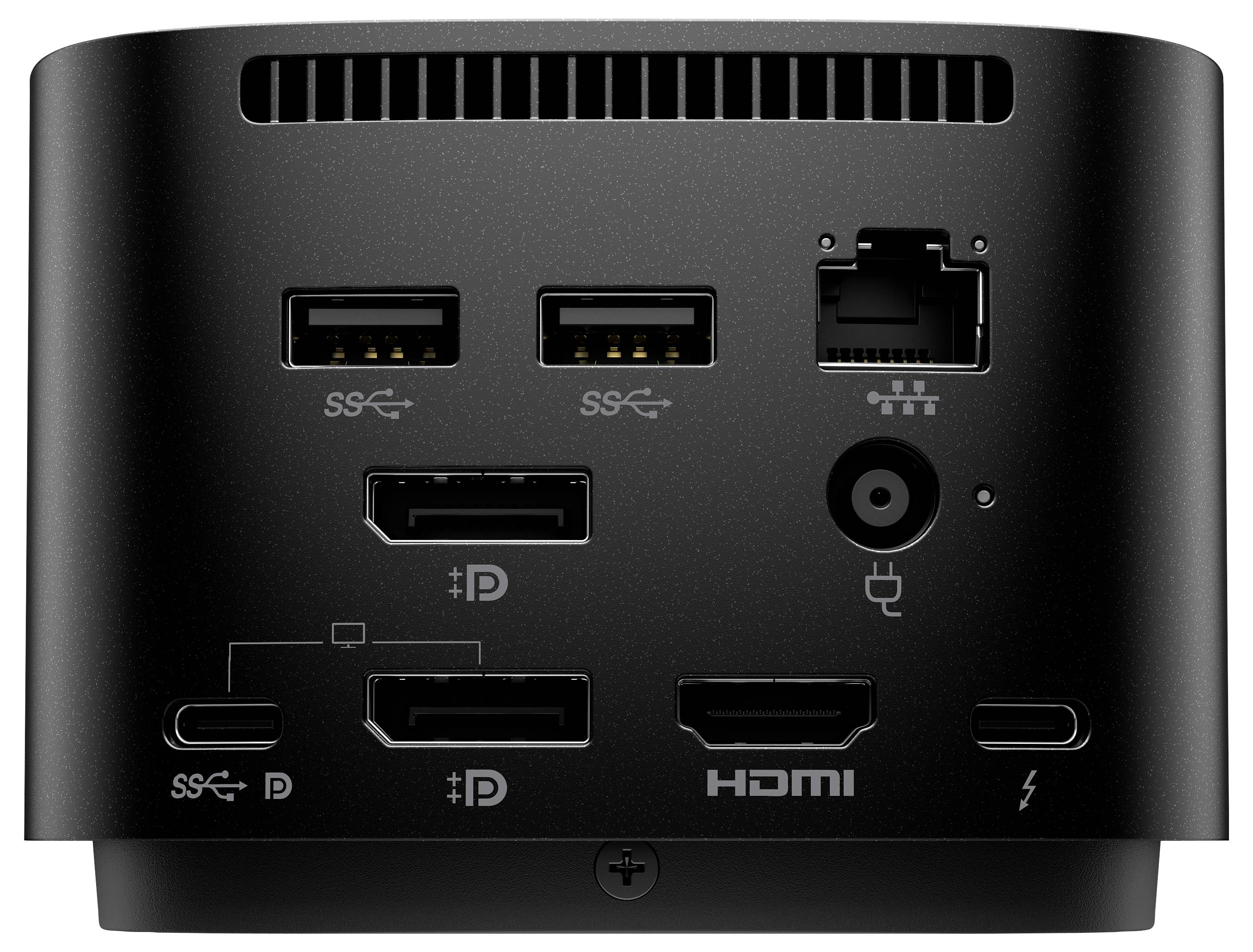 Rückansicht eines schwarzen Computer-Hubs mit zwei USB-Anschlüssen, zwei DisplayPorts, einem Ethernet-Anschluss, einem HDMI-Anschluss, einer Stromeingangsbuche und einem Thunderbolt-Anschluss.