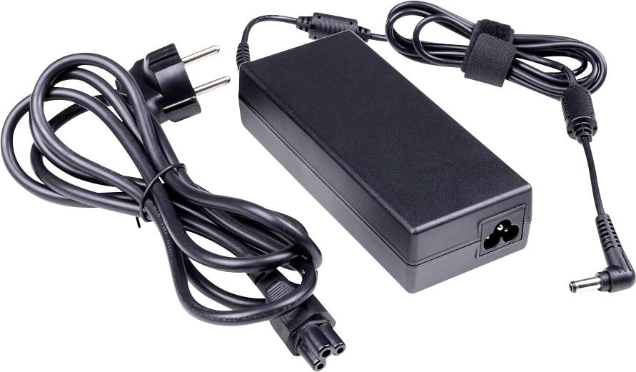 Ein schwarzer Stromadapter mit angebrachtem Stecker und einem DC-Ausgangskabel, das für elektronische Geräte verwendet wird, gezeigt auf weißem Hintergrund.