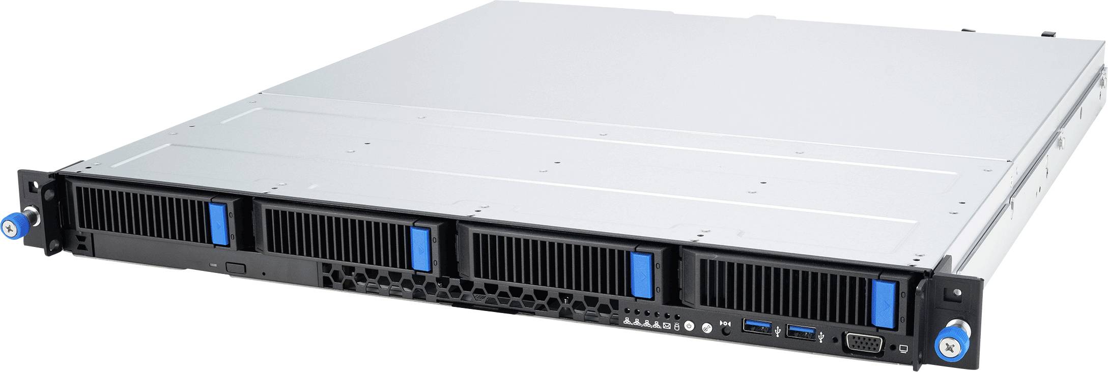 Rack-montierter Server mit elegantem Metallgehäuse, vier frontale Belüftungsschlitze mit blauer Umrandung und mehreren Steuerungsanschlüssen.
