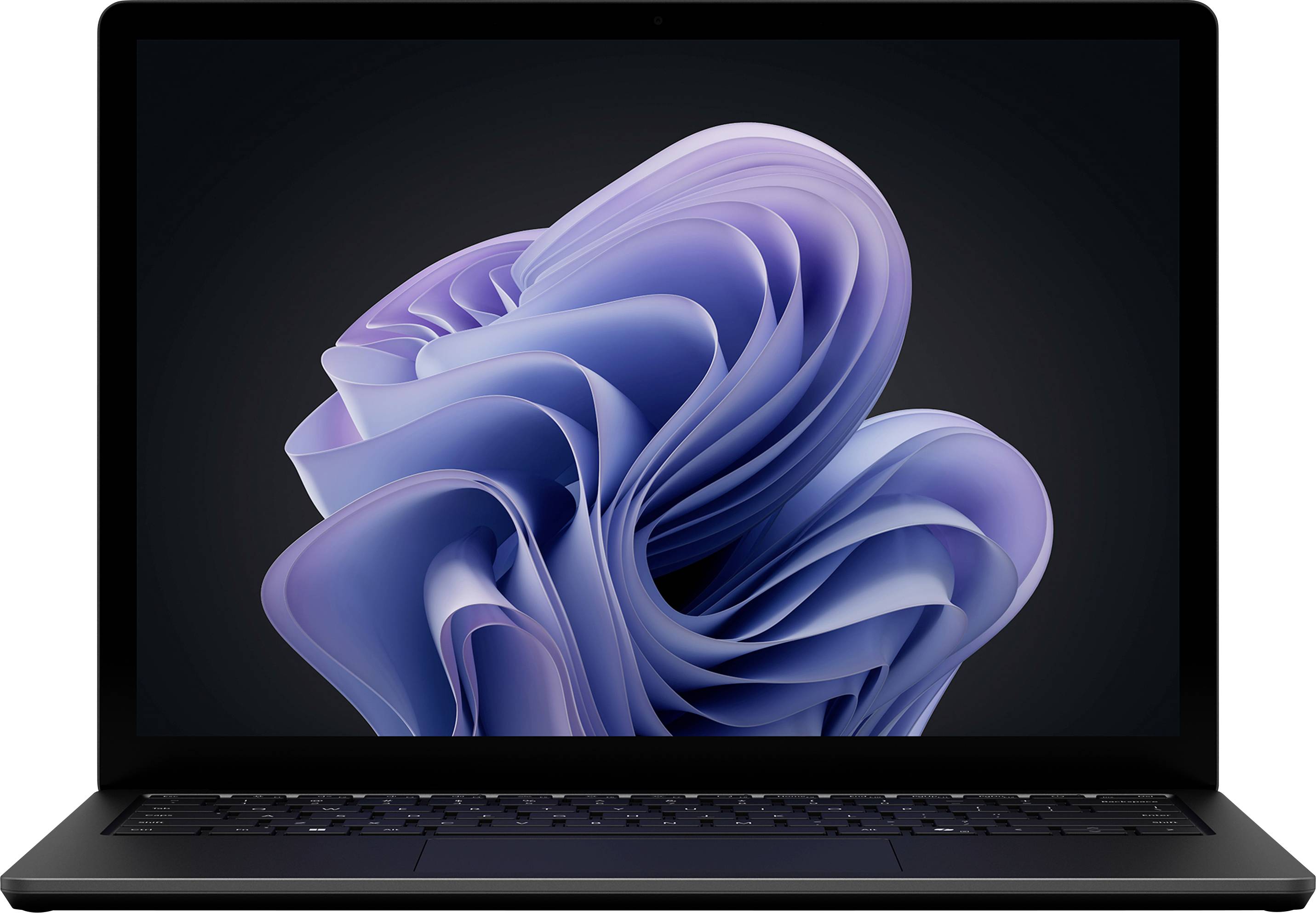 Ein Laptop mit einem dunklen Bildschirm, auf dem eine abstrakte 3D-Form in Violett- und Blautönen gegen einen schwarzen Hintergrund angezeigt wird.