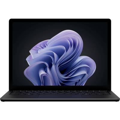 Ein Laptop mit einem dunklen Bildschirm, auf dem eine abstrakte 3D-Form in Violett- und Blautönen gegen einen schwarzen Hintergrund angezeigt wird.