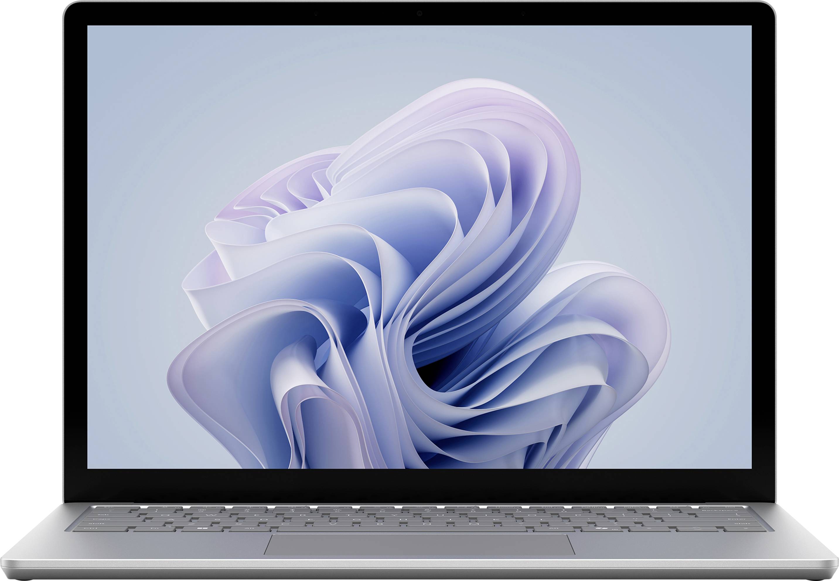 Ein Laptop, der einen Bildschirm mit einem abstrakten, wirbelnden blau-weißen Design auf einem weichen Farbverlaufshintergrund anzeigt.