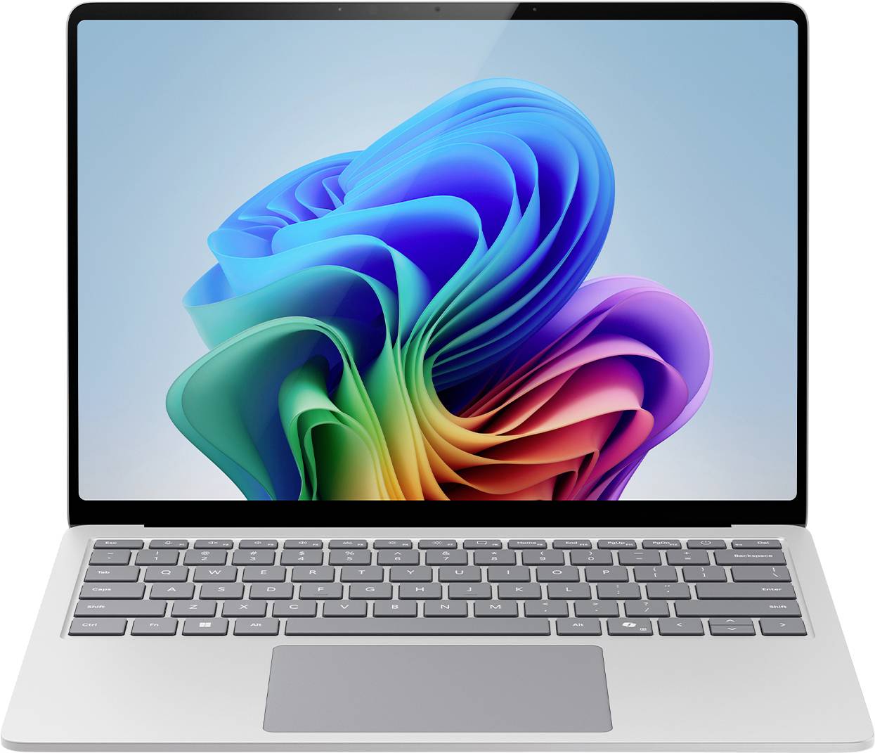 Ein Laptop mit einer farbenfrohen abstrakten Form auf dem Bildschirm, mit einem eleganten Design mit silberner Tastatur und dünnen Rändern.