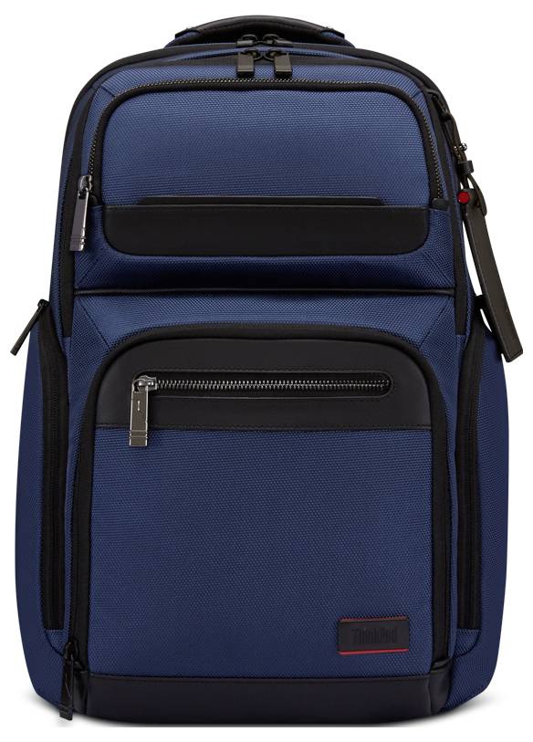 Ein blau-schwarzer Rucksack mit mehreren Reißverschlussfächern, verstellbaren Trägern und einem eleganten Design, das sich für den täglichen Pendelverkehr oder das Reisen eignet.
