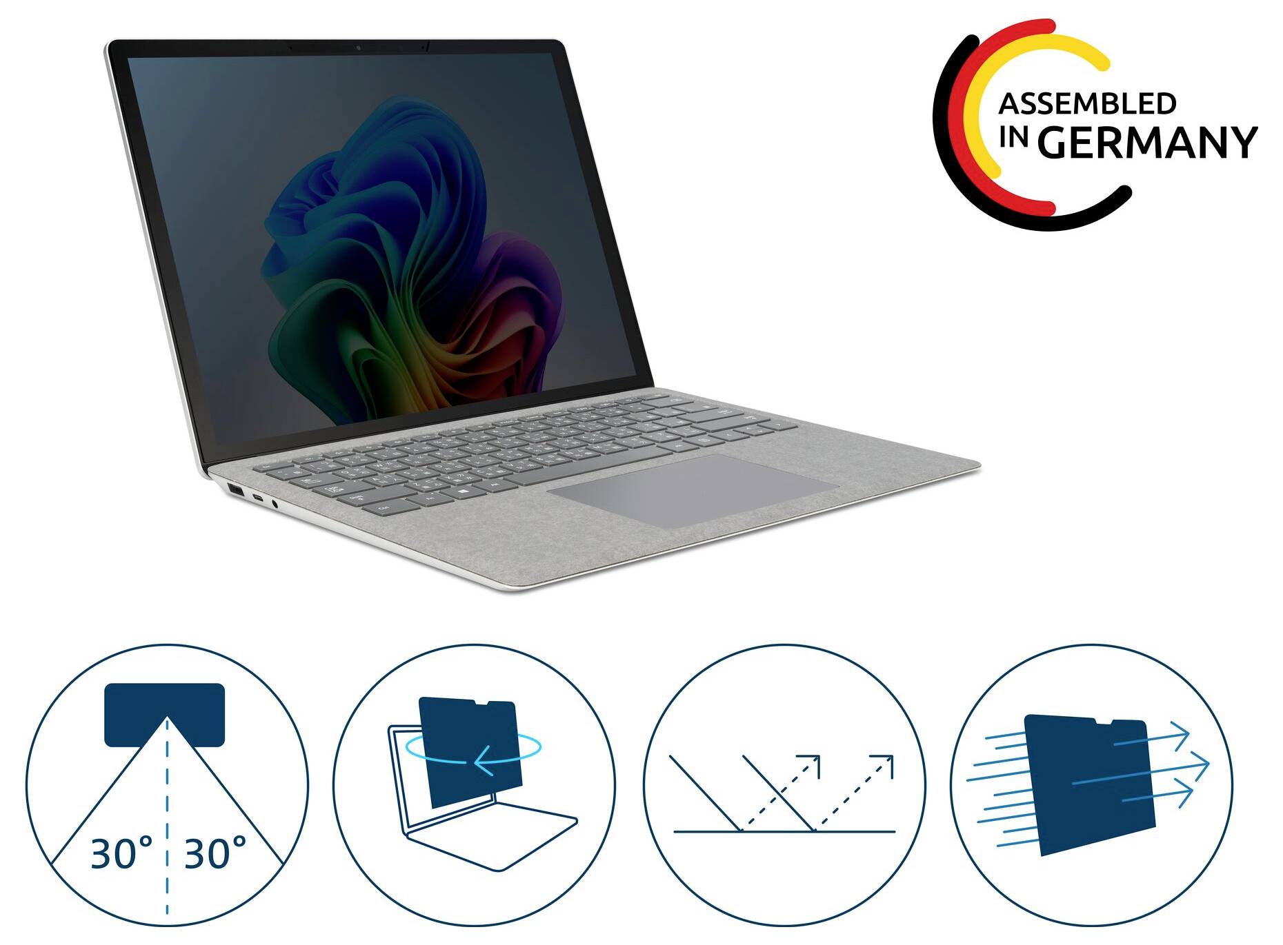 Ein grauer Laptop mit einem farbenfrohen Bildschirm wird aus einem Winkel gezeigt. Symbole darunter veranschaulichen Betrachtungswinkel und Funktionen. Das Logo "Hergestellt in Deutschland" befindet sich in der Ecke.