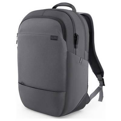 Ein schlanker, grauer Rucksack mit mehreren Fächern und einem Tragegriff oben, entworfen für städtische Nutzung oder Reisen.