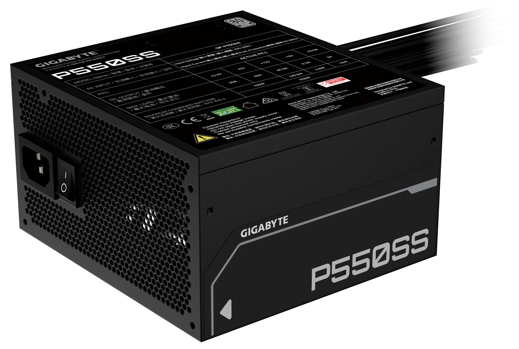 Netzteil-Einheit 'GIGABYTE P550B' mit Eingabe-/Ausgabespezifikationen, Belüftungsdesign und Zertifizierungslogos.