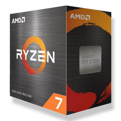 "AMD Ryzen 7 5000 Series Prozessor" Box mit großem "7" und AMD-Branding, was auf eine leistungsstarke Computerkomponente hinweist.