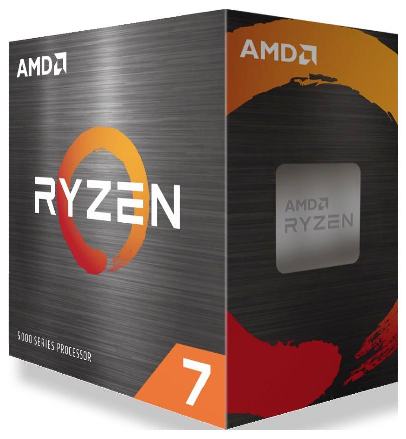'AMD Ryzen 7 5000 Series Prozessor' Schachteln mit orangefarbenen Akzenten und Logo.