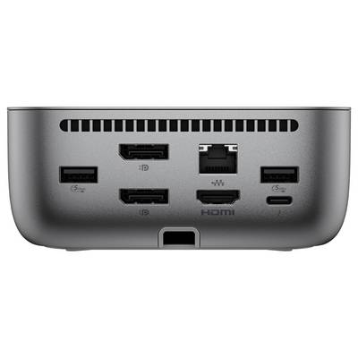 Das Bild zeigt die Rückseite eines grauen Computergeräts mit verschiedenen Anschlüssen: drei USB-A-Anschlüsse, zwei HDMI-Anschlüsse, einen Ethernet-Anschluss und einen USB-C-Anschluss.