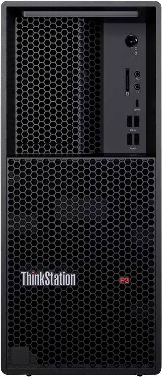 Ein schwarzer Desktop-Computer-Tower mit einer Wabenmuster-Frontplatte und mehreren Anschlüssen. Der Markenname "ThinkStation" ist auf der Vorderseite sichtbar.