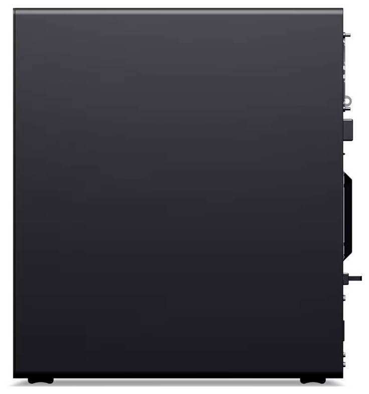 Ein eleganter schwarzer Computer-Tower mit minimalistischem Design, von der Seite betrachtet.
