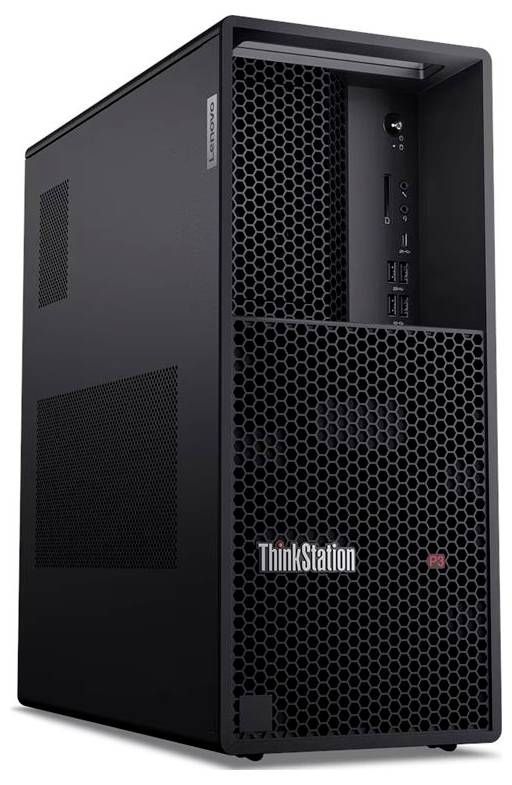 Ein schwarzer Lenovo ThinkStation Computer-Turm mit Mesh-Frontplatte, ausgestattet mit mehreren USB-Anschlüssen und Belüftungsgittern.