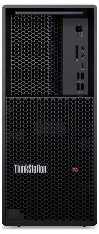 Ein Tower-Desktop-Computer mit einem schwarzen Wabenmuster-Frontpanel, beschriftet mit ThinkStation P3. Enthält Anschlüsse und Tasten auf der rechten Seite oben.