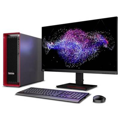 Desktop-Computer-Setup mit Tower, Breitbild-Monitor mit bunten abstrakten Partikeln, Tastatur und Maus auf weißem Hintergrund