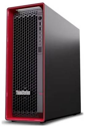 Ein schwarz-rot gefärbter Desktop-Computer-Tower mit dem „ThinkStation"-Logo auf der Frontblende, mit mehreren USB-Anschlüssen und einem Lüftungsgitter.