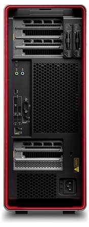 Das Bild zeigt die Rückseite eines Desktop-Computer-Gehäuses mit mehreren Anschlüssen, darunter USB-, Audio-, HDMI- und ein Netzteil am unteren Ende.