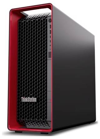 Ein schwarzer und roter Lenovo ThinkStation-Computerturm mit sichtbaren vorderen Anschlüssen und Belüftungsgittern.