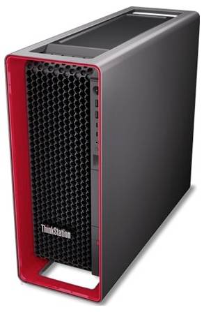 Ein schwarzer und roter Computer-Tower mit Wabenfront-Panel-Design, beschriftet mit „ThinkStation", entworfen für die professionelle Workstation-Nutzung.