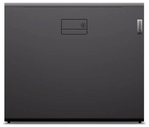 Ein zugeklappter Lenovo-Laptop mit dunkler Außenseite, das Logo auf der rechten Seite zeigend.