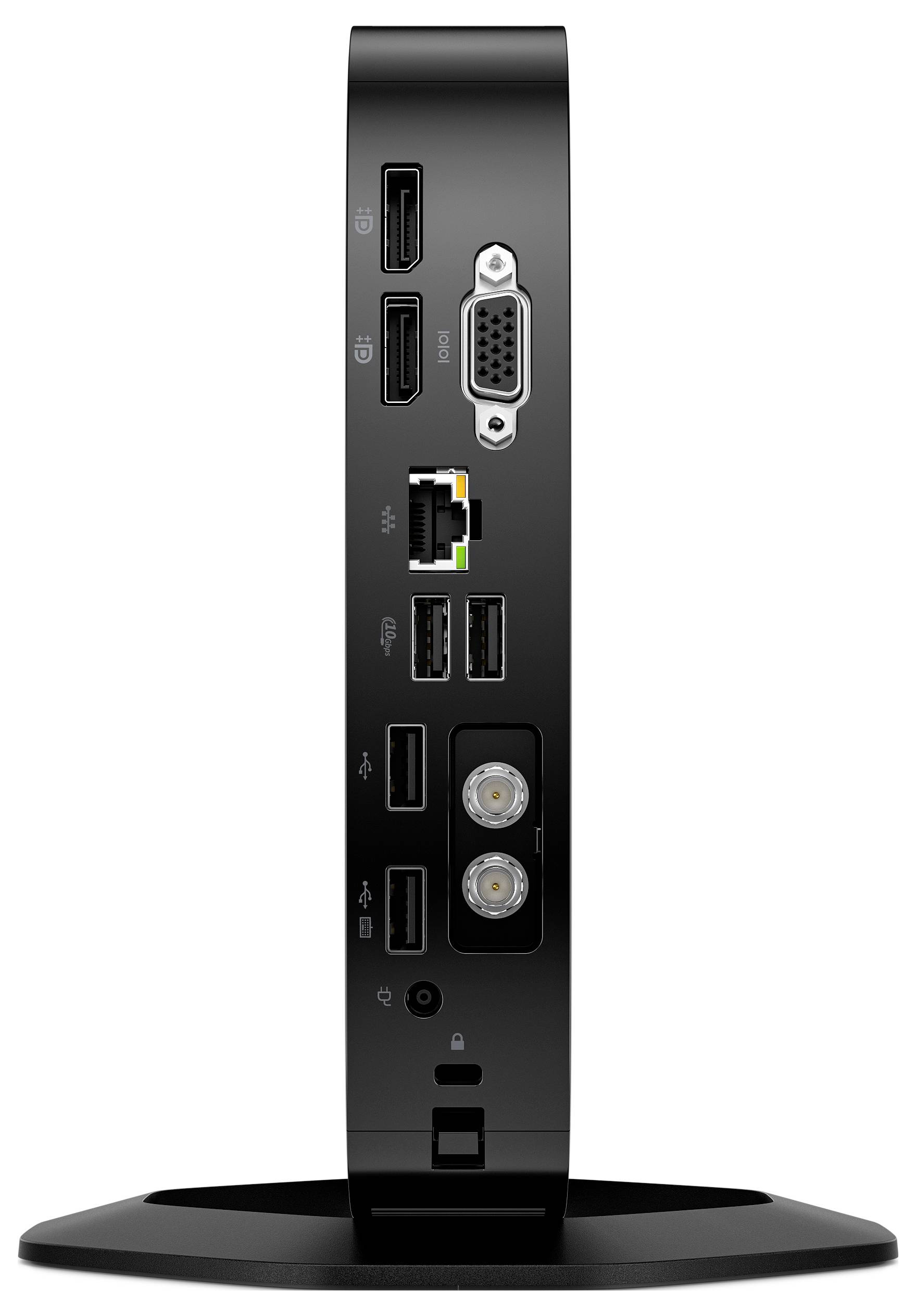 Vorderes Bedienfeld eines ASUS-Geräts mit Ein-/Ausschalter, Kopfhörerbuchse, zwei 10G-USB-A-Anschlüssen, einem 10G-USB-C-Anschluss und einem runden Knopf.