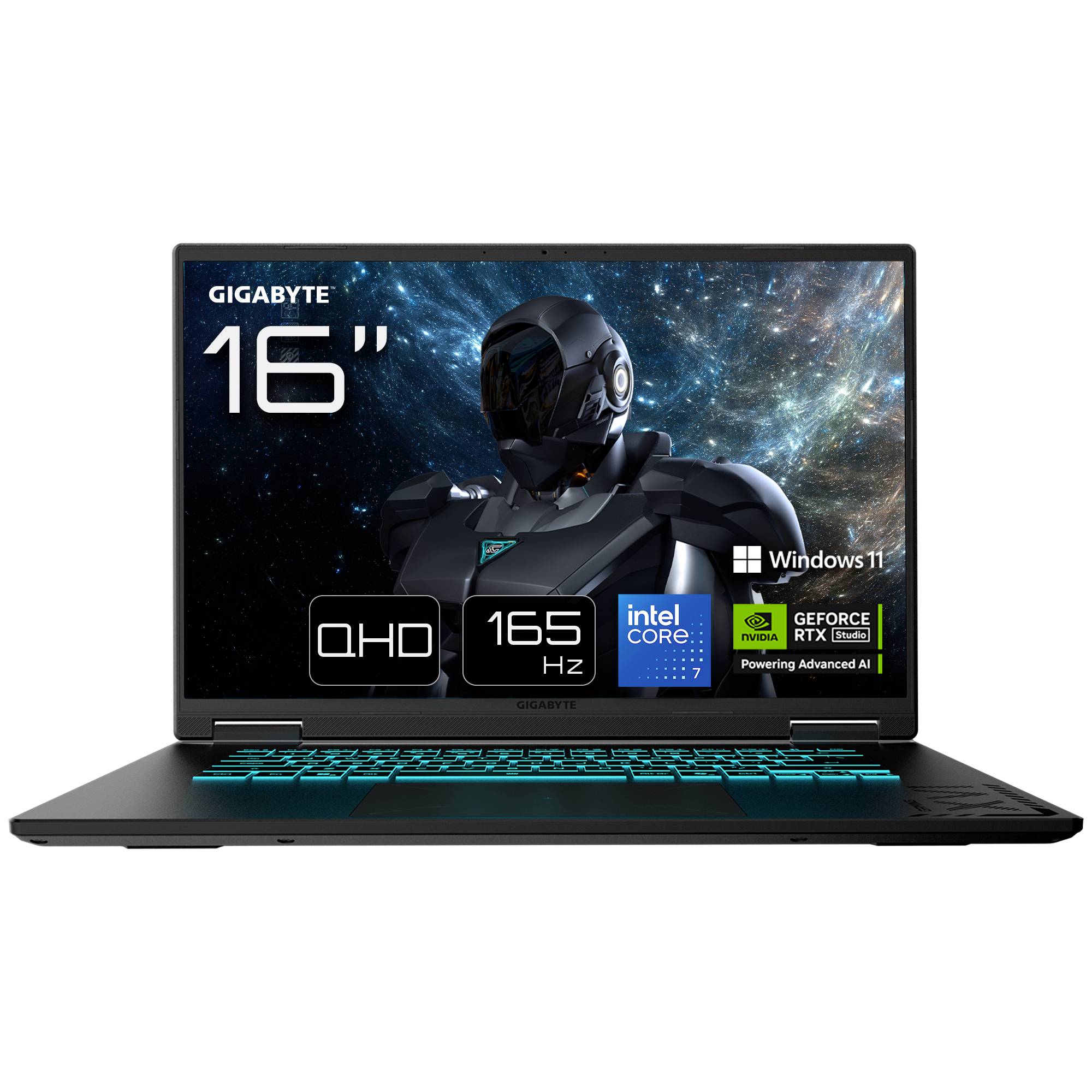 GIGABYTE 16-Zoll-Gaming-Laptop mit QHD 165-Hz-Display, Intel Core i7, GeForce RTX-Grafik und Windows 11.