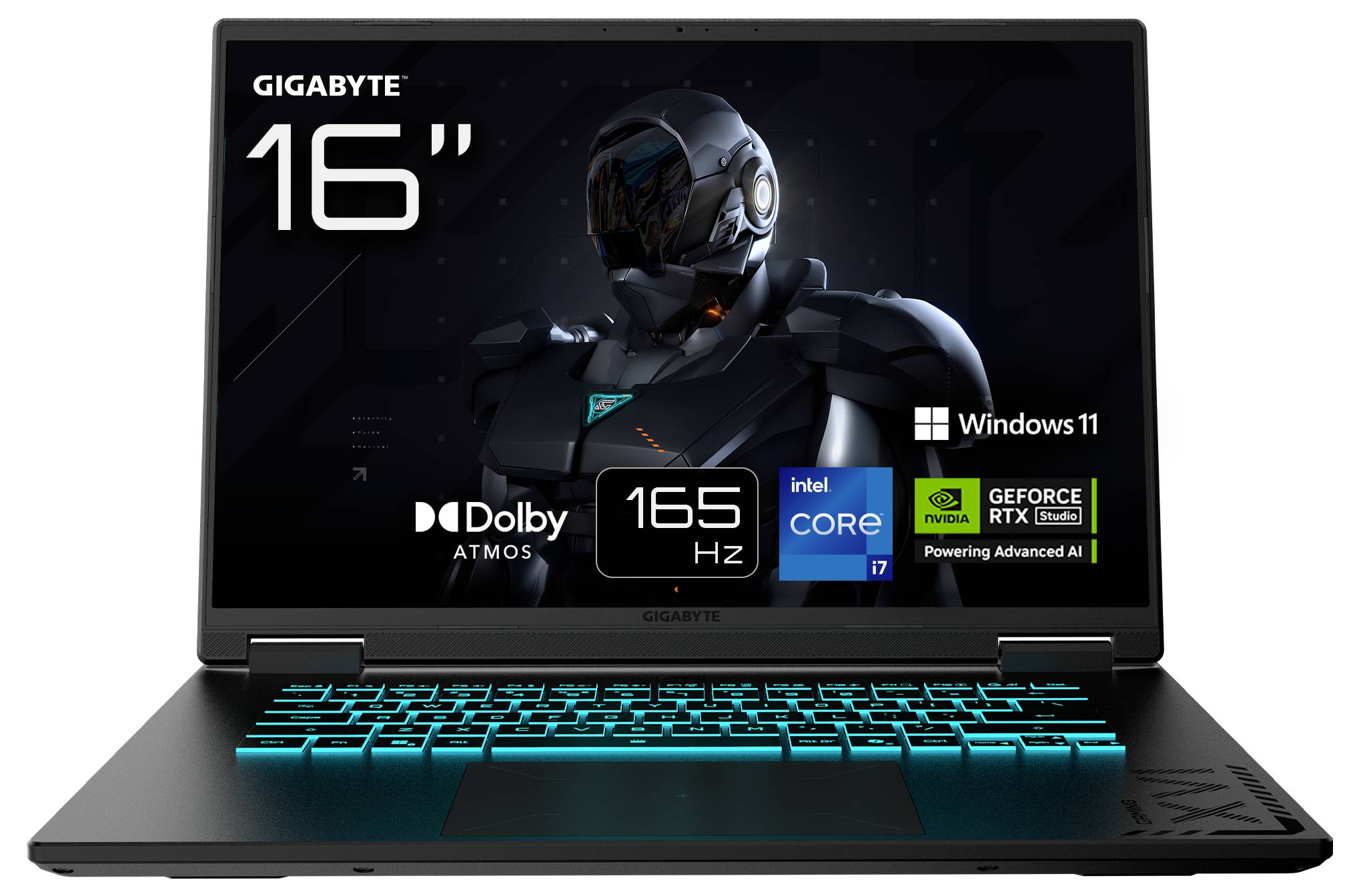 GIGABYTE 16-Zoll Gaming-Laptop mit RGB-Tastatur, 165-Hz-Display, Windows 11, Intel Core i7, GeForce RTX und Dolby-Atmos-Branding.
