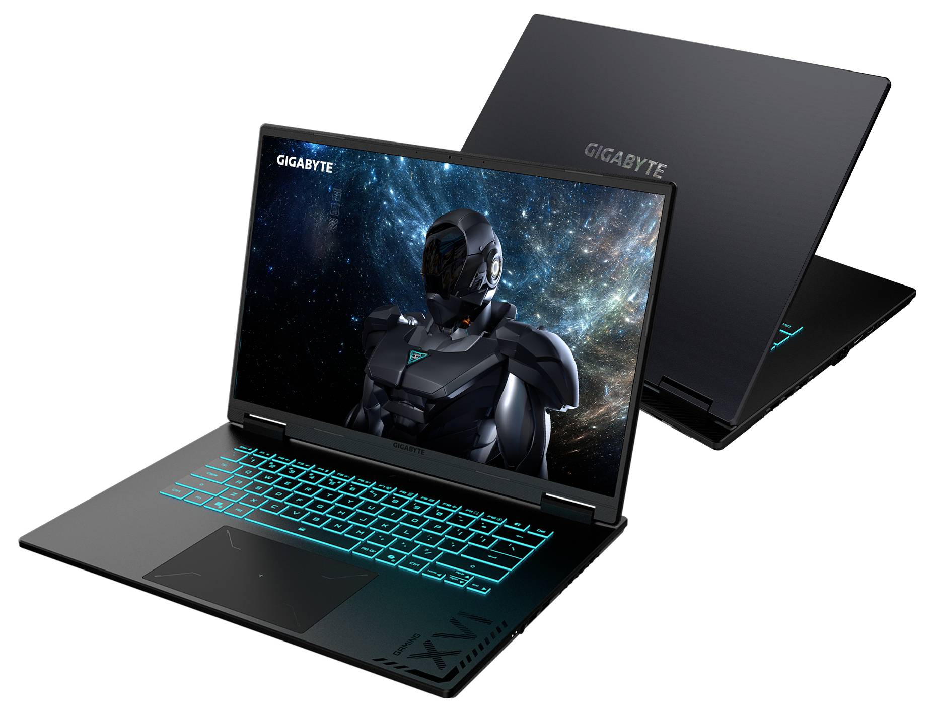 Zwei offene Gigabyte-Gaming-Laptops, einer mit einer Science-Fiction-Figur auf dem Bildschirm und leuchtender türkisfarbener Tastaturbeleuchtung.