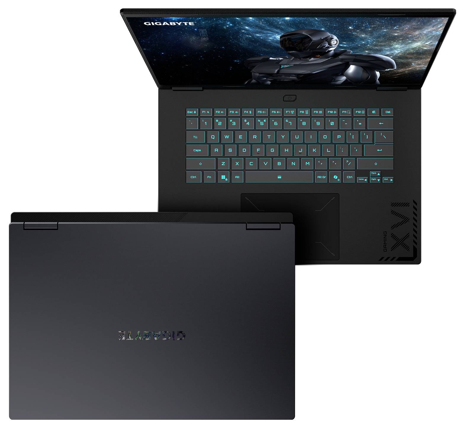 Offener schwarzer Gigabyte-Laptop von vorne und hinten gezeigt, mit RGB-Tastatur und Bildschirm, auf dem eine futuristische gepanzerte Figur angezeigt wird.
