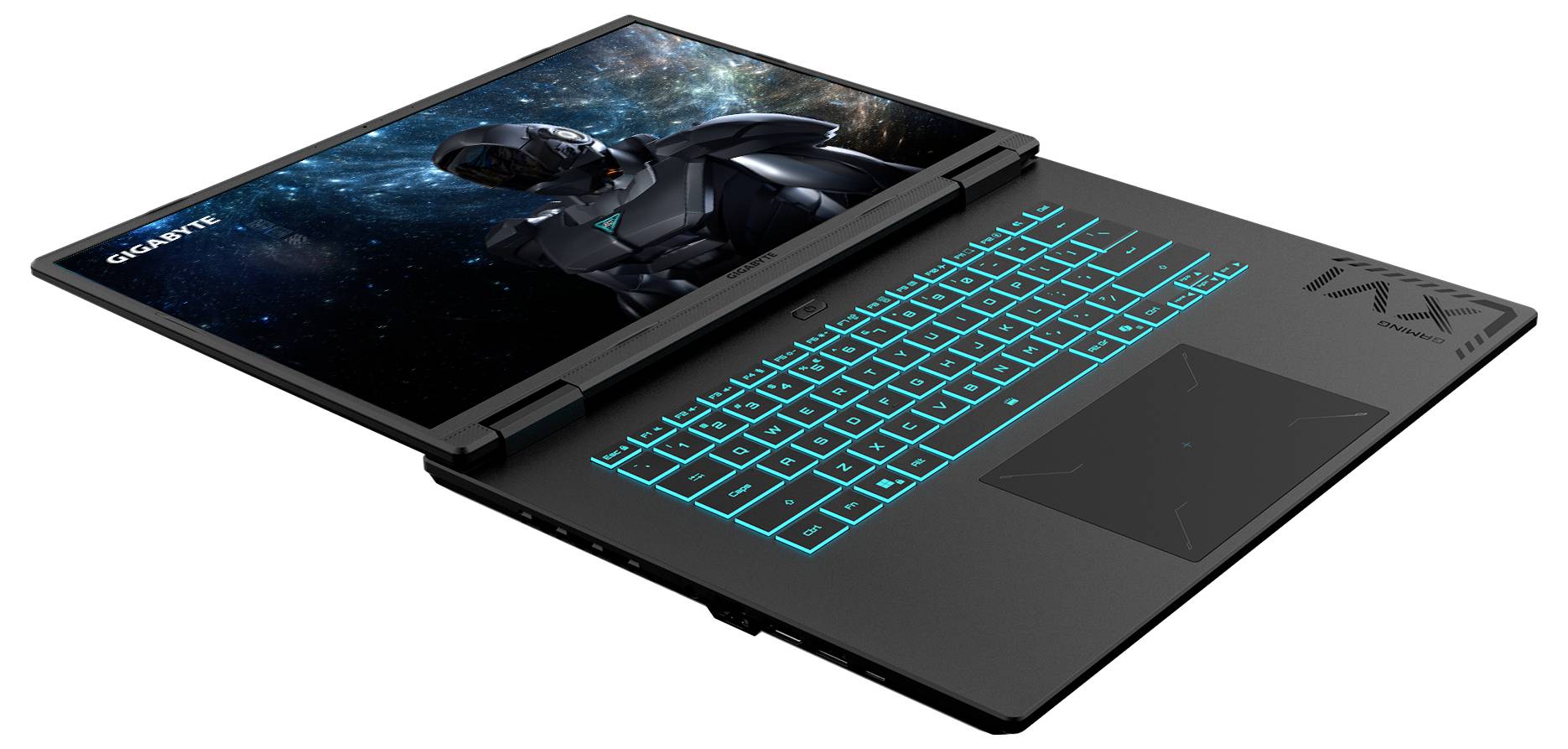 Gaming-Laptop mit cyan-beleuchteter Tastatur und einem futuristischen Roboter auf dem Bildschirm, in schwarzem Gehäuse auf weißem Hintergrund