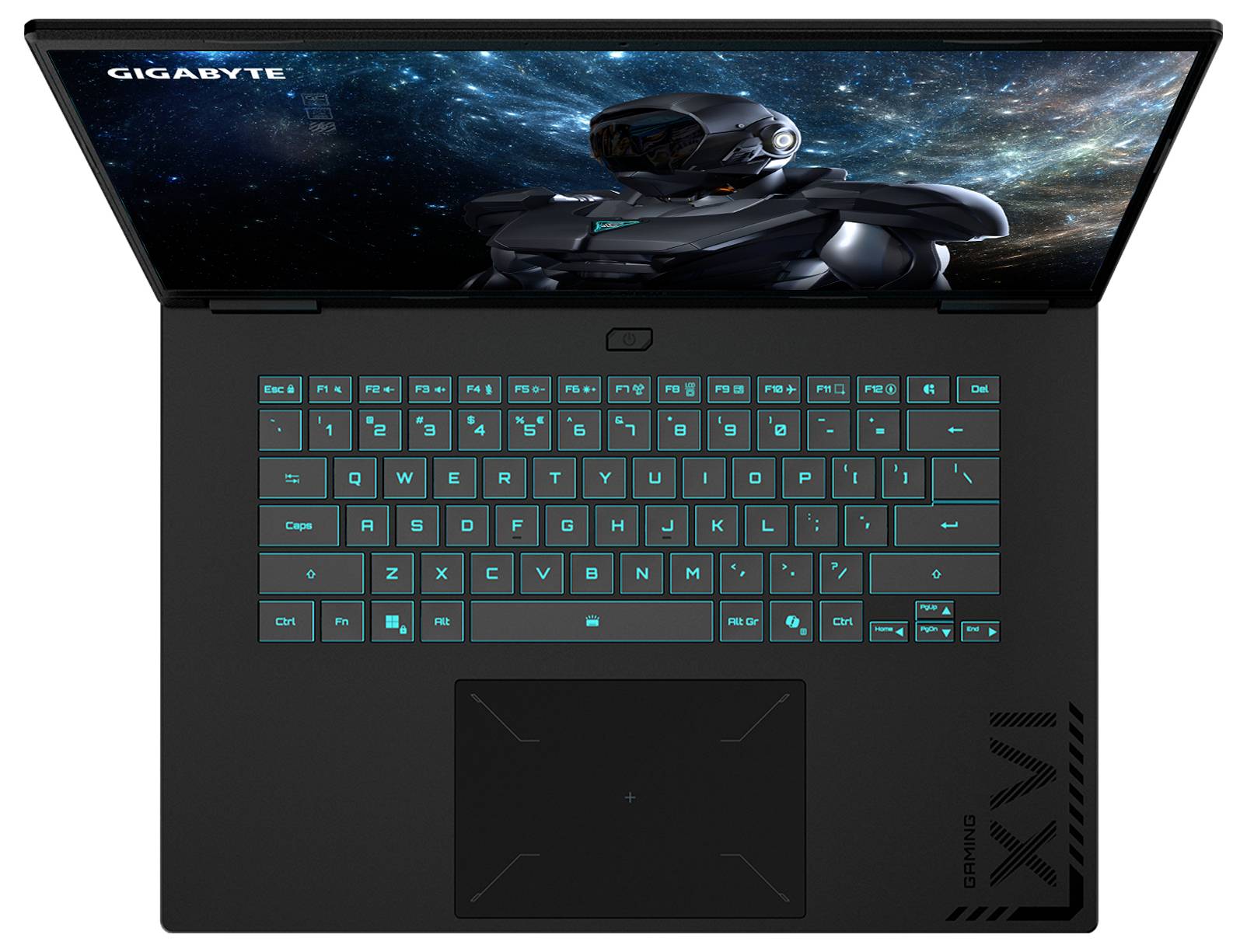 Draufsicht auf einen GIGABYTE-Laptop mit beleuchteter Tastatur und großem Touchpad, das ein Roboter-Hintergrundbild auf dem Bildschirm zeigt.